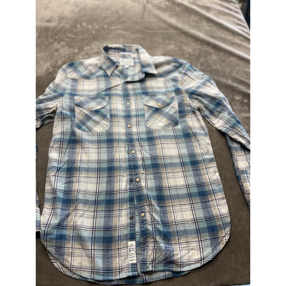 Lucky Brand Mens‎ Blue Plaid Western Pearl Snap Shirt Classic Fit Medium 4818
